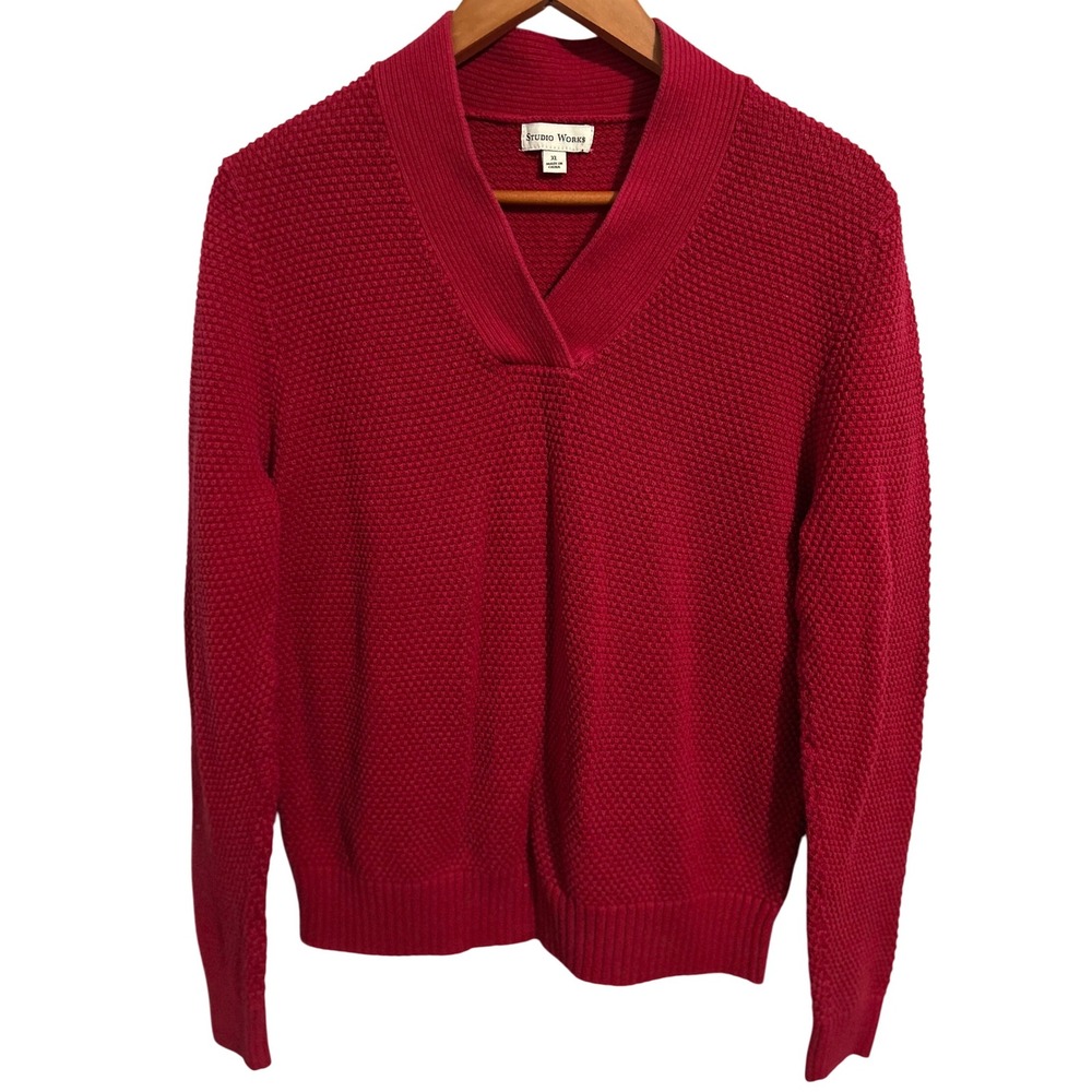 Studio Works Red V-neck Textured Long-Sleeved Sweater Women's Size XL